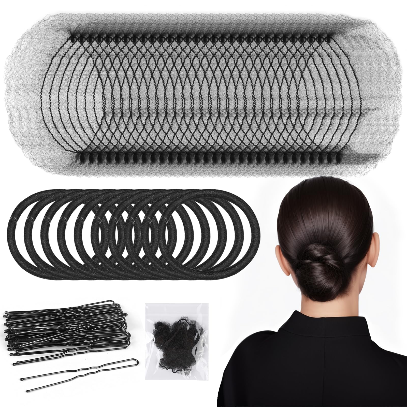 Teenitor Black Individual Invisible Hair Net Set, 30pcs Hair Bun Invisible Elastic Edge Mesh Nets for Ballet Girl Women Dance Child, 10pcs Elastic Hair Ties & 40pcs U Shape Hair Pins, Hair Net for Bun