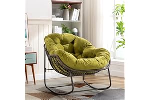 SLEERWAY Large Indoor Outdoor Rocking Chair, Oversized Rocking Papasan Chair with Thick Cushion and Frame Outdoor Rocker, Comfy Wicker Egg Chairs Lounge for Outside Porch Patio Backyard Balcony (Olive Green)