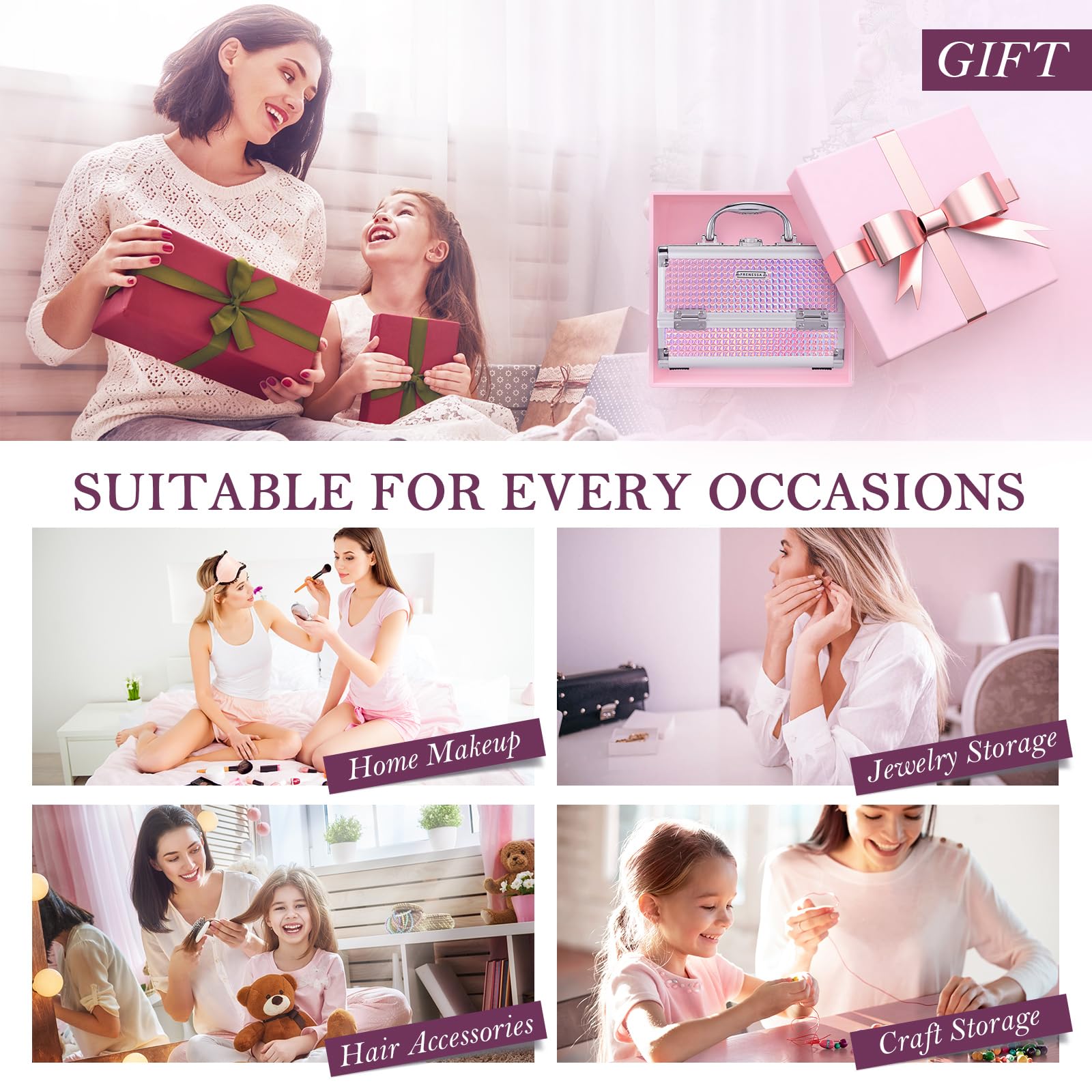 FRENESSA Makeup Train Case Makeup Box Organizer Portable Cosmetic Travel Case Makeup Case with Mirror Locking Make Up Cases Organizers and Storage for Nail Supplies Hard Cosmetic Box Shiny Pink