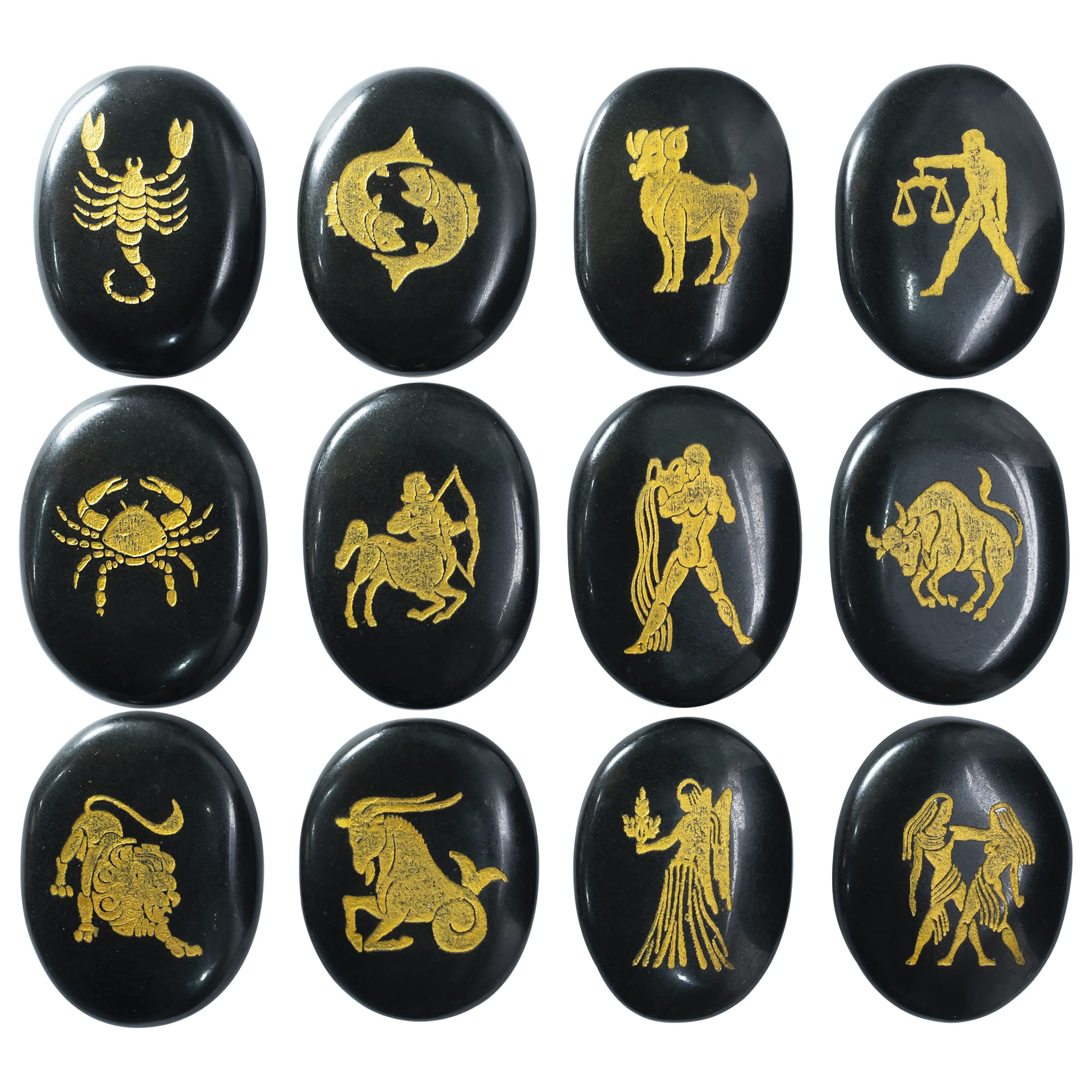Crocon® black agate Zodiac or horoscope symbols engraved stones (set of 12) for reiki healing gemstone love crystals sun sign gift