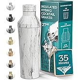 BARE BARREL Insulated Cocktail Shaker Set | Double Wall Stainless Steel | Martini Shaker for Home Bar Bartending | Built-in Drink Measure System & Strainer, Travel Bag, Recipes | Gift Set (Marble)