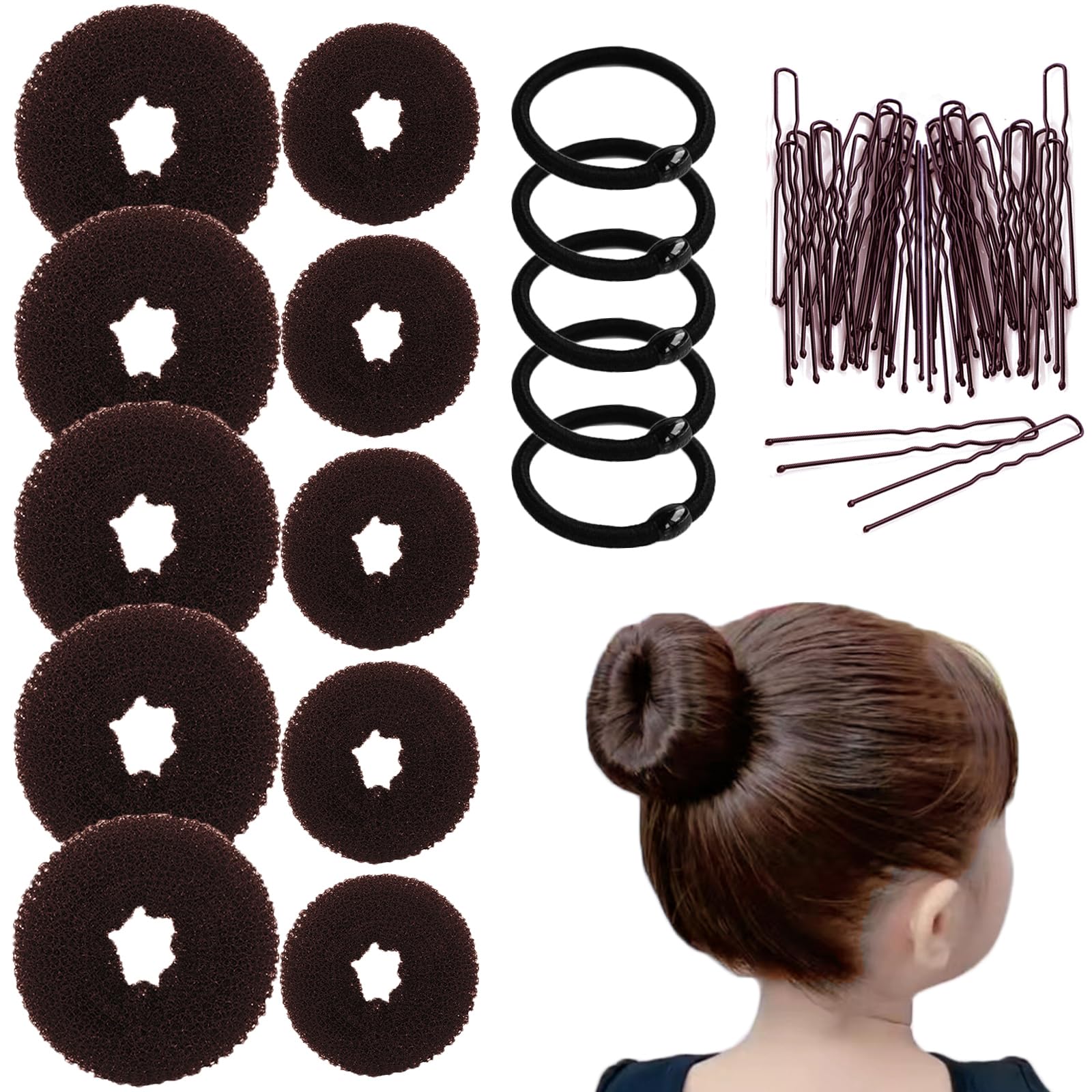Photo 1 of 10 Pcs Hair Bun Maker - Donut Bun Maker for Hair(5 medium and 5 small),Ballet Bun for Women and Kids with Elastic Hair Ties, Hair Pins(Brown)