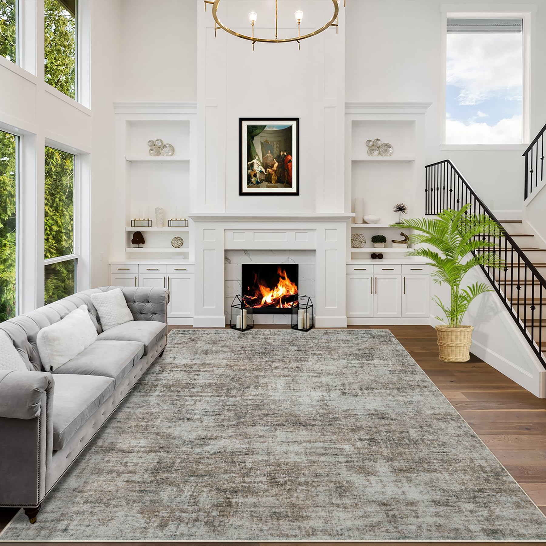 6x9 Area Rugs Washable Rug: Large Modern Abstract Living Room Rug Soft Anti-Skid Thin Carpet Indoor Floor Non-Shedding Carpets for Bedroom Dining Room Farmhouse Nursery Home Office Brown Black Image