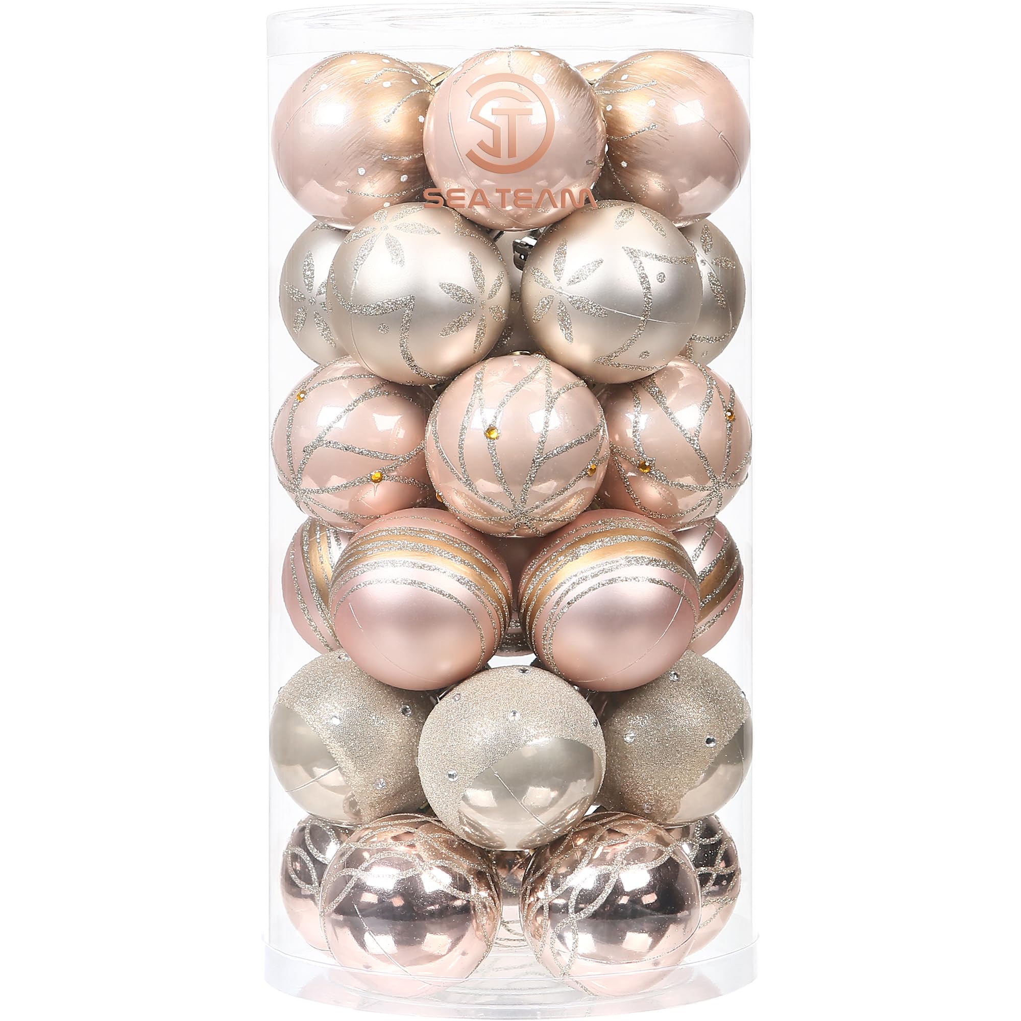 Sea Team 60mm/2.36" Delicate Contrast Color Theme Painting & Glittering Christmas Tree Pendants Decorative Hanging Christmas Baubles Balls Ornaments Set - 30 Pieces (Rose Gold & Champagne)