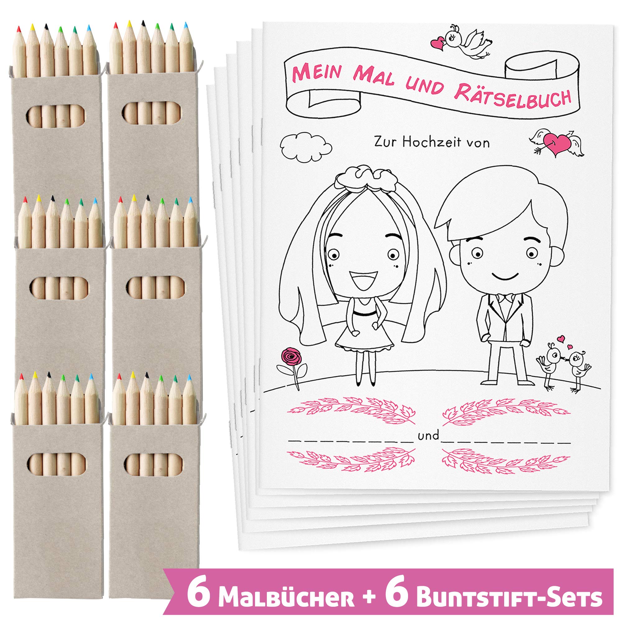 WEDDNG Wedding Colouring Book for Children with Colouring Pencils, Wedding Colouring Book with 28 Lovingly Designed Colouring and Puzzle Pages (6 Colouring Books + 6 Colouring Pencils Set). Wedding