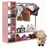 Doll Clothes Closet with 10 Hangers, Pink & Gray Color Block Doll Accessories Display Box, Clothes Storage for Figures, Mini 