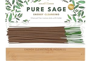 HEALER'S GARDEN Premium Pure Sage Incense Sticks with Energy Cleansing in Progress Engraved Wooden Holder - Charcoal-Free for Clean Burn, Spiritual Smudging and Purification, 30 Sticks