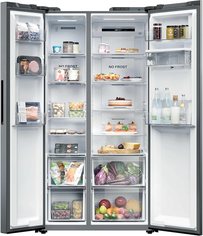 CNSQ2T918EWX, frigorífico lado a lado, 91cm de largura, capacidade de 523L, motor inversor, total sem gelo, dispensador de água, 2 gavetas para legumes, controlo digital interno, iluminação LED, 37DB, Inox
