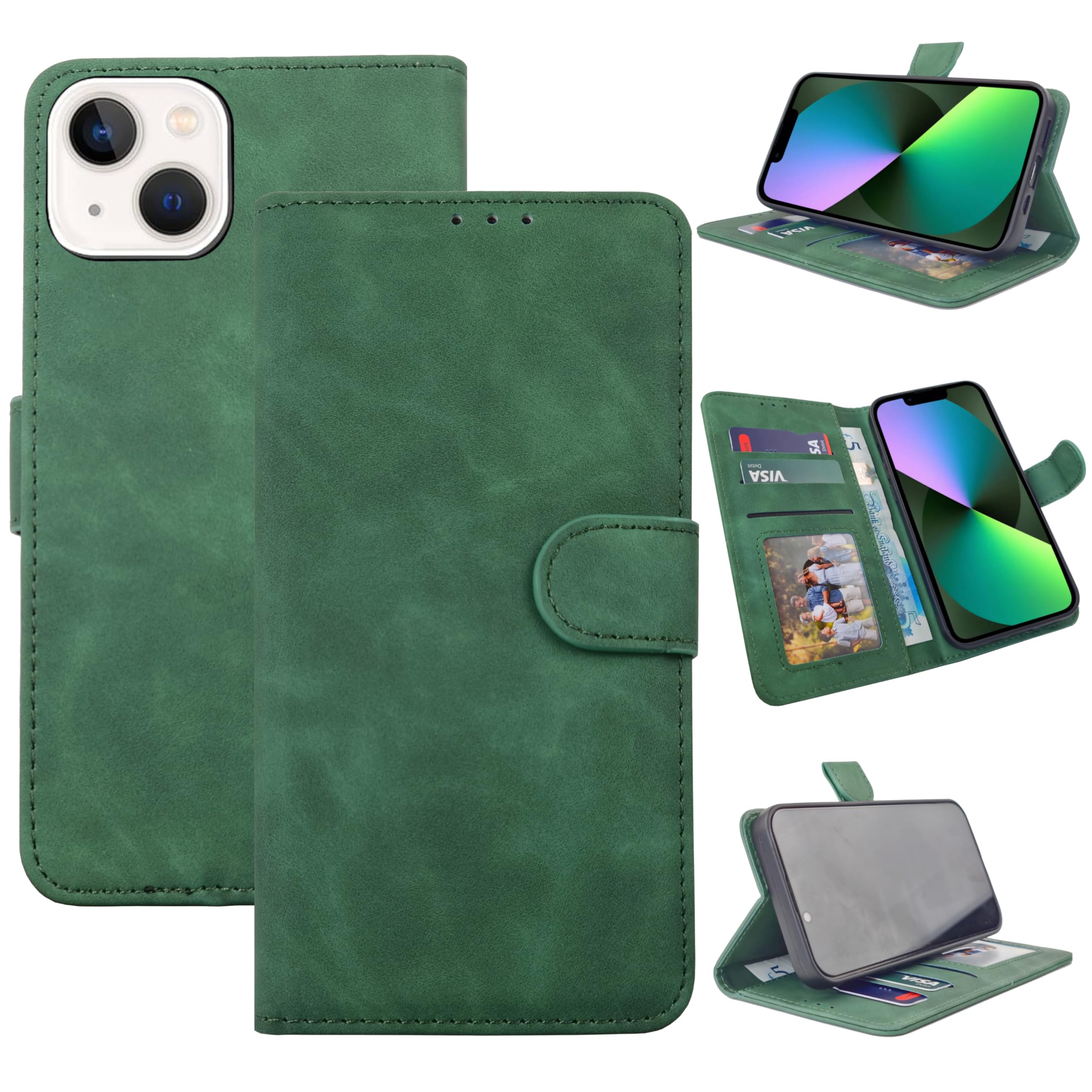 EKAM Case for iPhone 14 (6.1") 2022, Premium PU Leather Wallet Case Flip Phone Cover With [RFID Blocking][Card Holder][Shockproof TPU][Stand Function] Book Style Case for iPhone 14 (Olive Green)