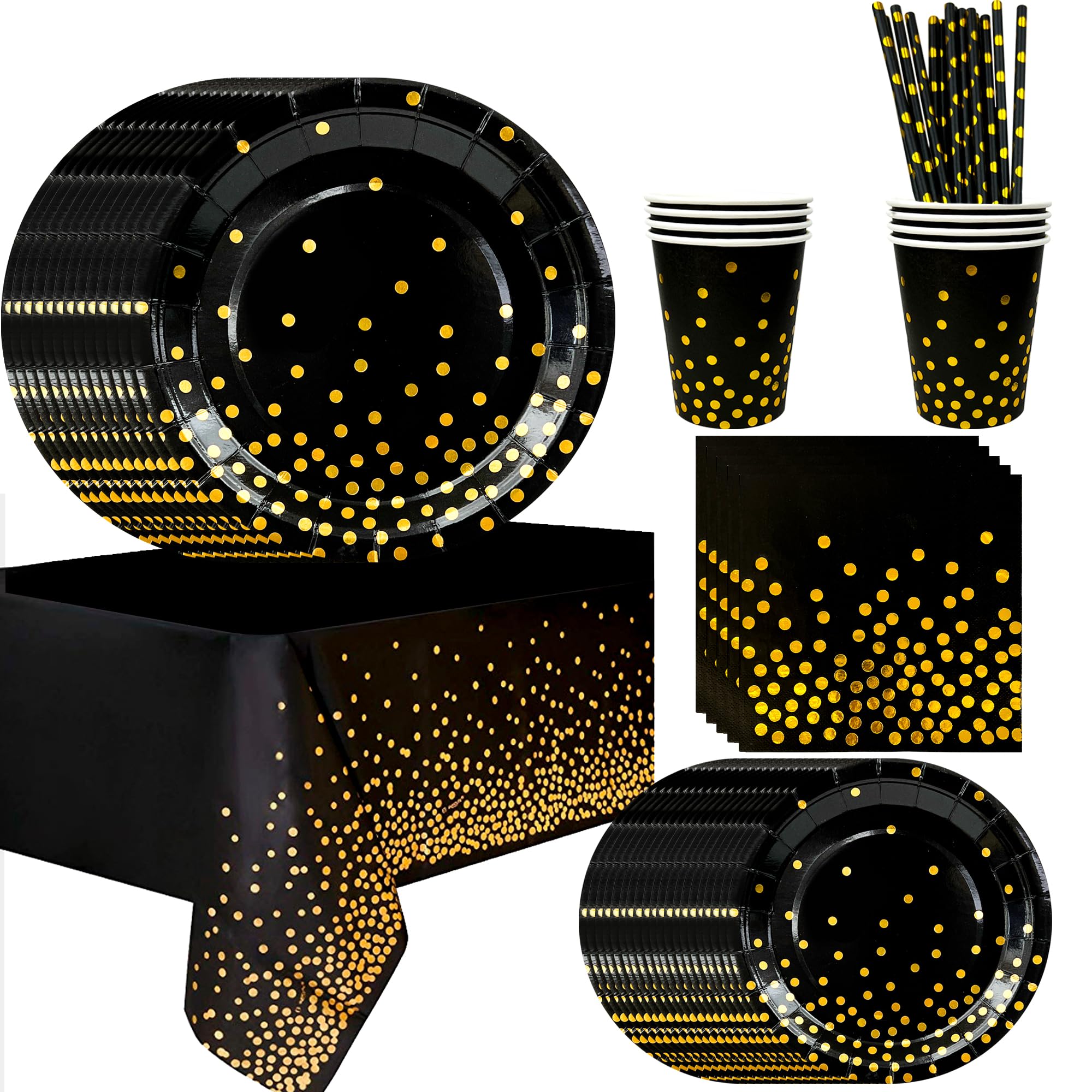 Black Gold Party Tableware,Serves 24 Black and Gold Dot Paper Party Tableware Set - Paper Plates and Cups Napkins Tablecloth etc