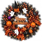 22 Inch Halloween Wreath for Front Door with Light Pumpkin Ghost Decor | Porch Window Wreaths with Pumpkin Ghost Indoor Outdoor Decor for Home Wall Decorations Holiday Fall Festival Wreaths