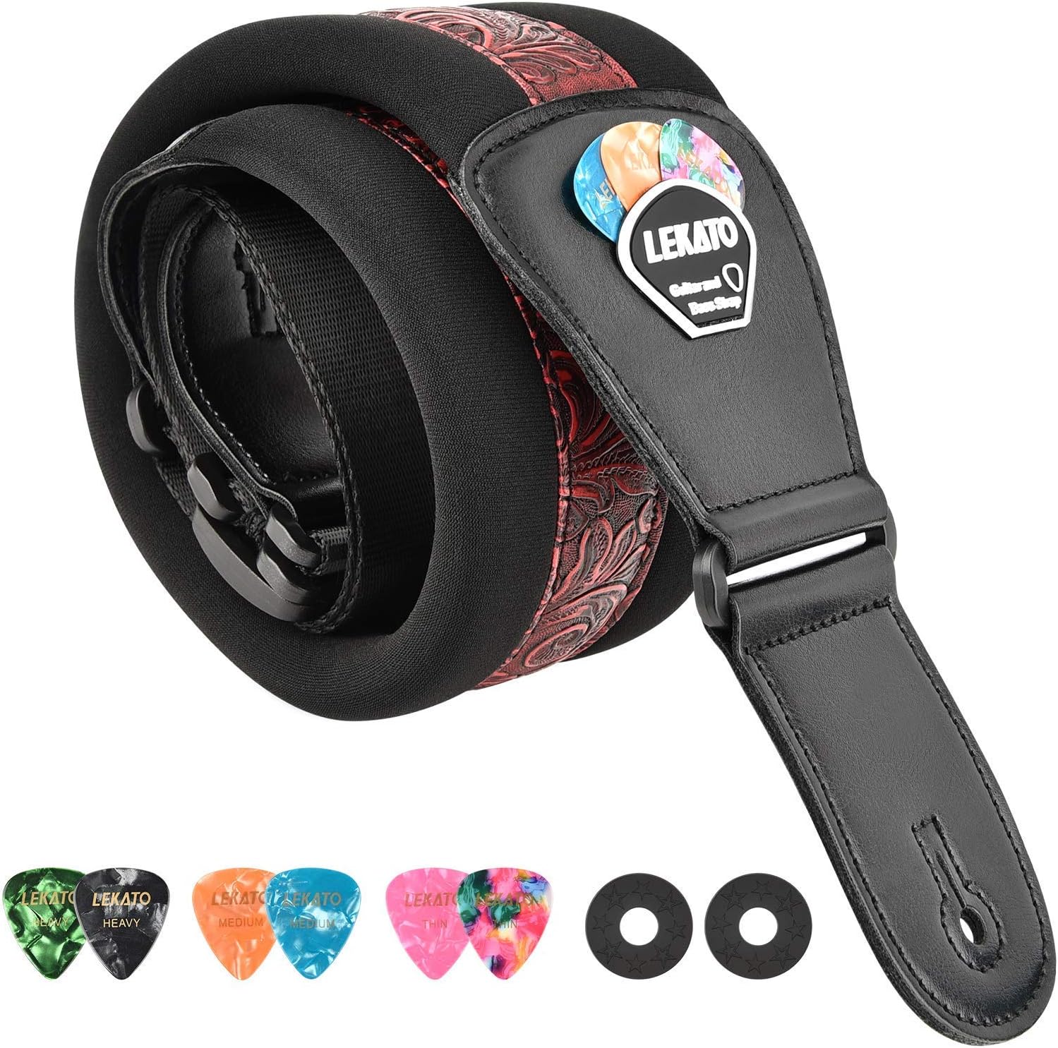 LEKATO Guitar Strap for Electric Guitars & Bass 3" Wide Padded Bass Guitar Straps Adjustable Strap Length from 45" to 55" Bass Guitar Strap with Pick Holder Strap Locks & Guitar Picks