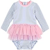 RuffleButts Baby Girls UPF 50+ Sun Protection Tulle Skirted Long Sleeve One Piece Rash Guard Swimsuit