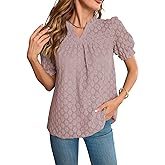 Falechay Tops For Women 2025 Boho Floral Short Puff Sleeve Shirts Summer Flowy V Neck Casual Lace Blouses