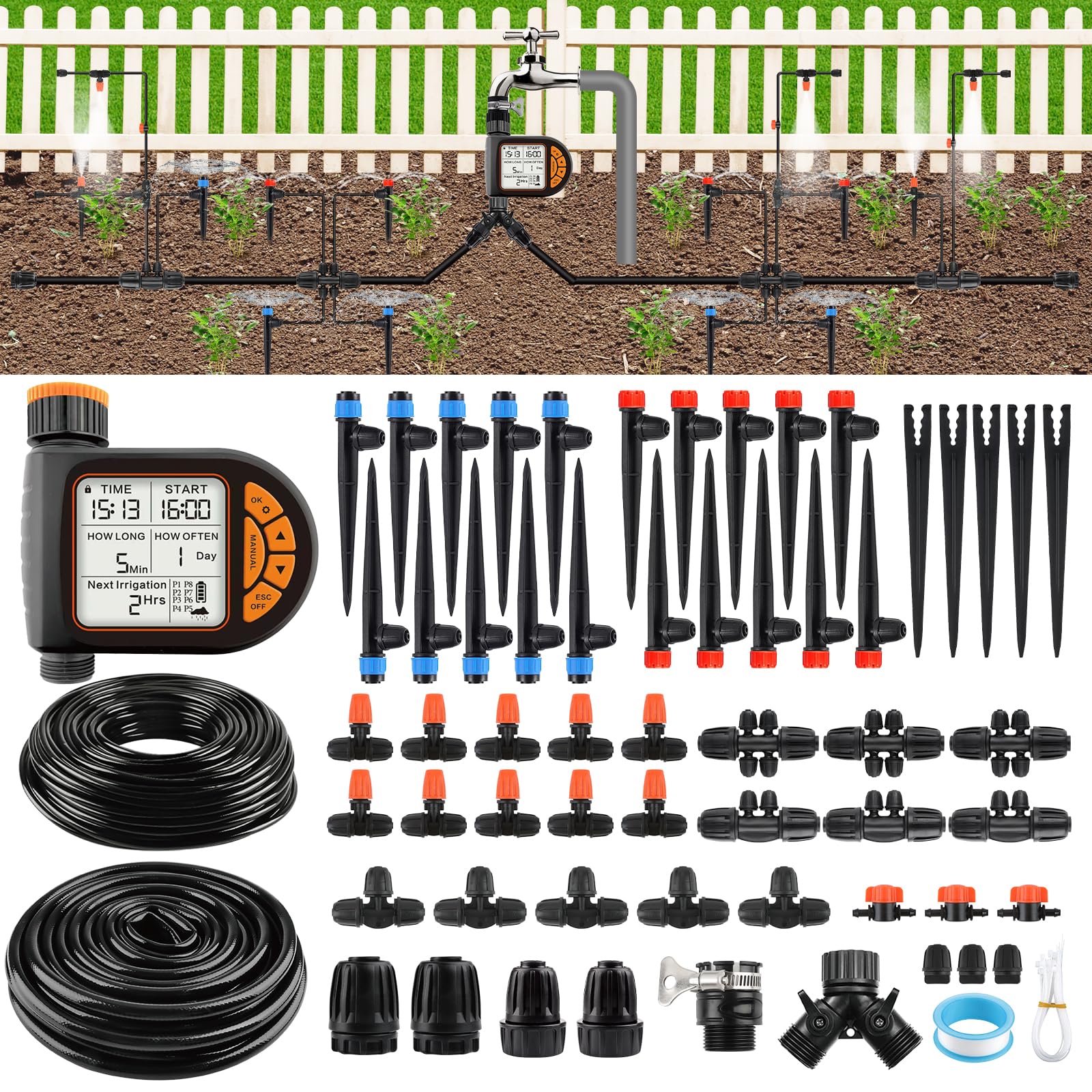 Photo 1 of 207FT Automatic Drip Irrigation Kit with Water Timer, Kalolary 1/4" 1/2" Adjustable Garden Watering System with 4/7mm 16mm Tubing Micro Drip Automatic Irrigation System for Greenhouse Raised Beds Lawn
