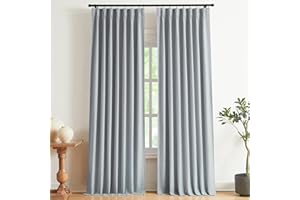 Vision Home Blue Gray Pinch Pleated Full Blackout Curtains Linen Blended Room Darkening Window Curtains 90 inch for Living Ro