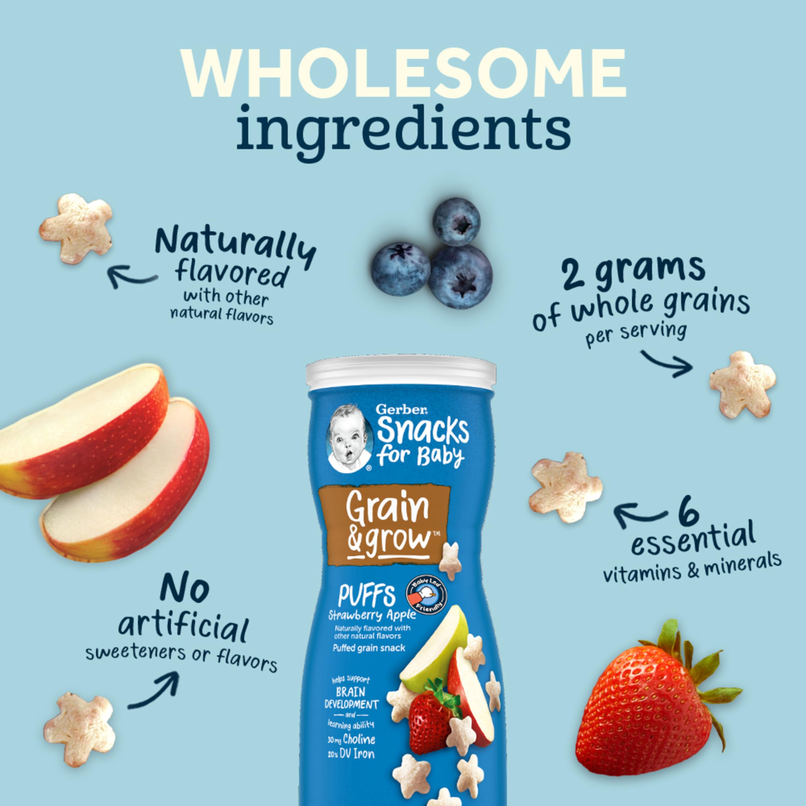 Gerber Stage 3 Baby Snacks, Strawberry Apple Puffs, Puffed Grain Snack, Baby Led Feeding, Iron & Choline, Strawberry Apple Puffs Snacks, 6-Pack
