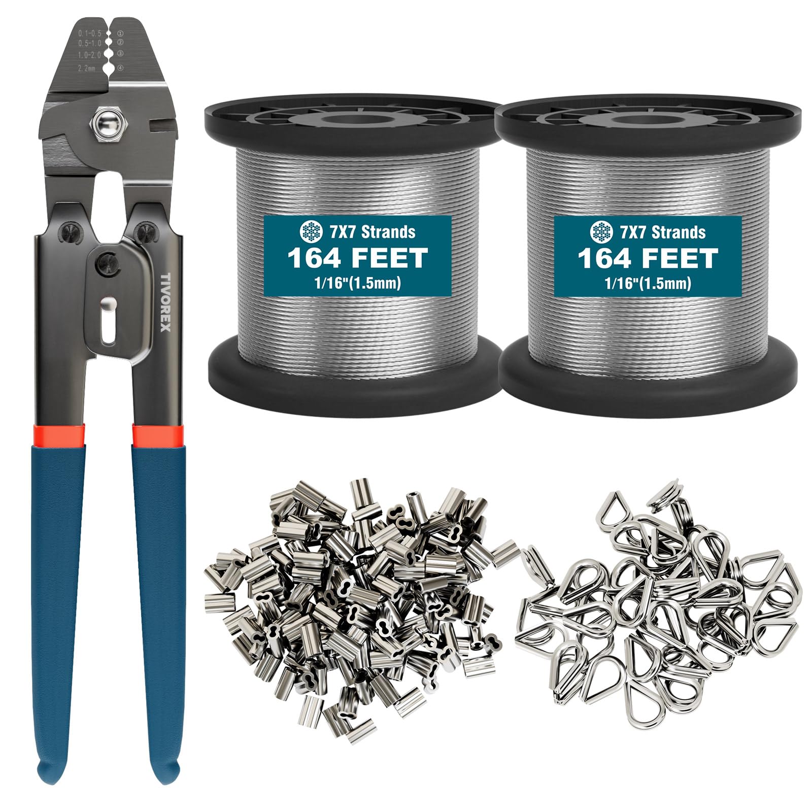 Photo 1 of Tivorex 328ft Wire Rope Crimping Tool Kit with Built-in Cutter, 1/16" Stainless Steel Wire Rope Cable with 210PCS Aluminum Crimping Loop Sleeve, 50PCS Thimble for Railing, Decking, Picture Hanging