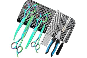 Yonihawk Dog Grooming Scissors, 8 in 1 Professional Dog Grooming Scissors Kit with Safety Round Tip, Titanium Coated Grooming Scissors for Dogs Cats Pets (Gradient Blue)