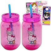 Hello Kitty Water Cup Set - Bundle with 2 Hello Kitty Cups with Lids and Straws Plus Tattoos, Stickers, More | Hello Kitty Mason Jar Cup for Kids