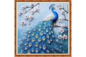 DMCXART Counted Cross Stitch Kits for Adults Needlepoint Kits Unprinted Cross Stitching Embroidery Kit 11CT Cross Stitch Supplies-Blue Peacock Flower 18x18 inch