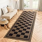 Vasofe 2x6 Runner Rug for Hallway, Washable Checkered Jute Rugs, Outdoor Indoor Patio Porch Balcony Bedroom Kitchen Laundry Geometric Mat, Non Slip Plaid Farmhouse Design Carpet, Black and Brown