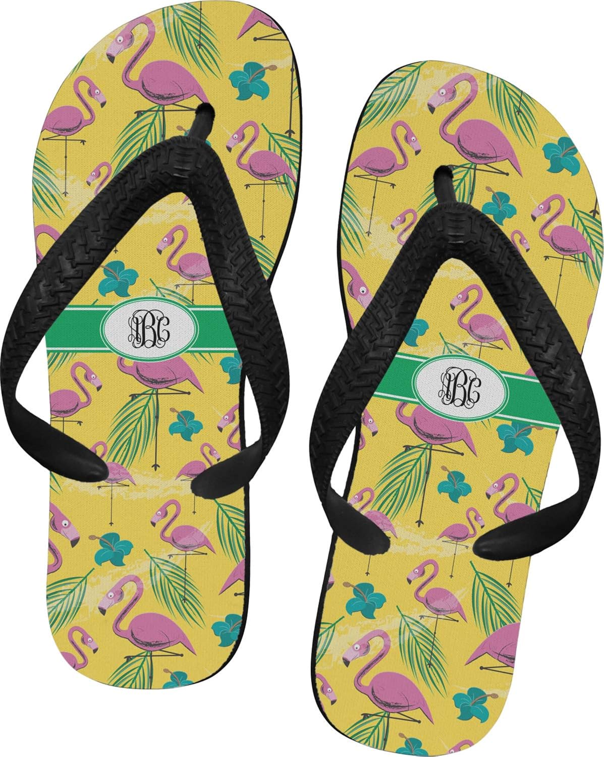 yellow box flamingo flip flops
