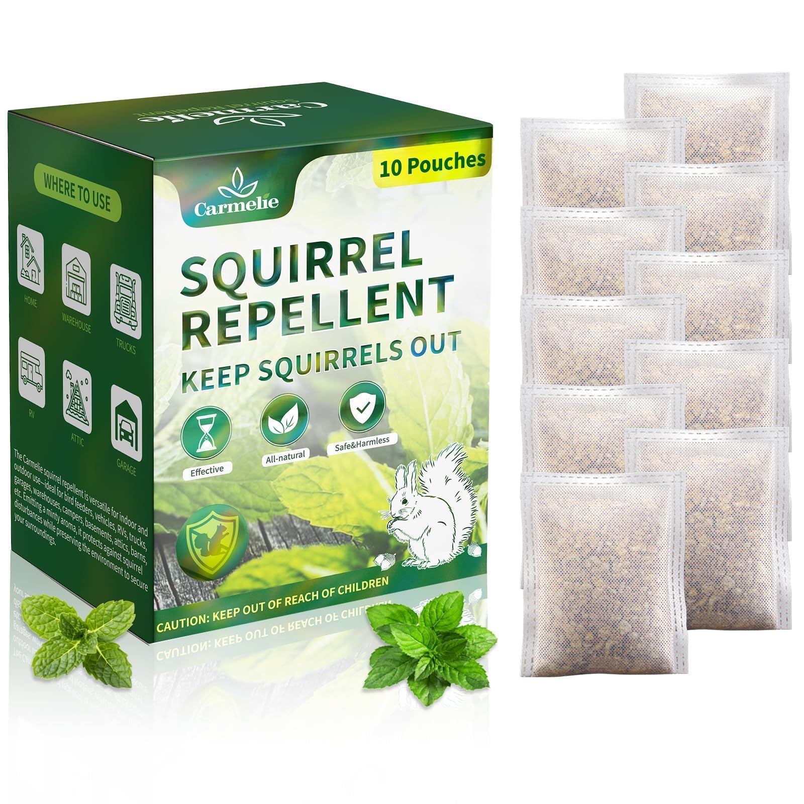 Photo 1 of Carmelie Squirrel Repellent, Chipmunk Repellent Outdoor, Chipmunk Repelling for Attic with Peppermint Oil to Repel Squirrel, Rodent, Mouse, All Natural Repelling Pouches for Indoor Outdoor, 10 Pouches