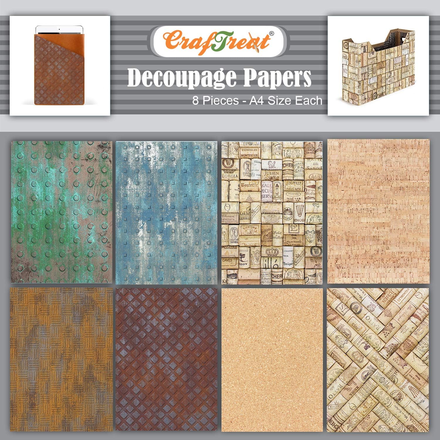 CrafTreat Furniture Decoupage Paper Rustic - Metal and Cork - Size: A4 (8.3 x 11.7 Inch) 8 Pcs - Decoupage Paper for Crafts, Furniture and Scrapbooking