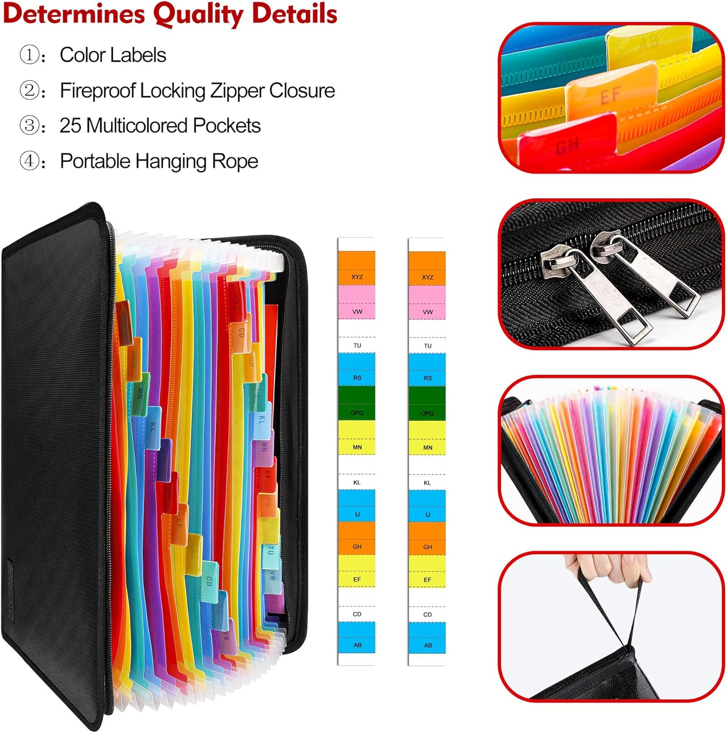 ENGPOW Expanding File Folder, Fireproof File Organizer with 25 Colored Pockets, Labels, Zipper Closure, Fireproof and Water Resistant Safe Storage for Letter A4 Size Paper, Document, Paperwork : Office Products