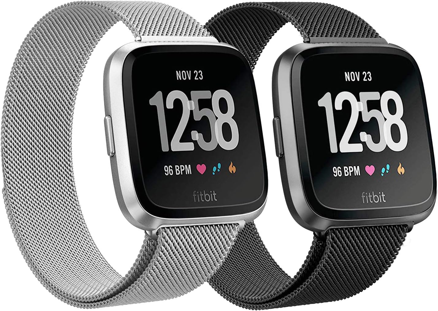 LNOOIU Metal Bands Compatible for Fitbit Versa/Versa Lite Edition/Versa 2, Small and Large Replacement Stainless Steel Metal Wristband Accessories Strap Women Men(Black/Silver Small)