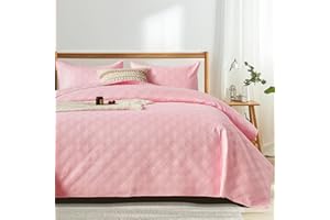 inron Quilt Set Queen Size, Pink Microfiber Ultrasonic Full Bedspreads, Lightweight Breathable Coverlet, Modern Geometric Pattern Thin Bedding Set for All Season (1 Quilt, 2 Pillow Shams)