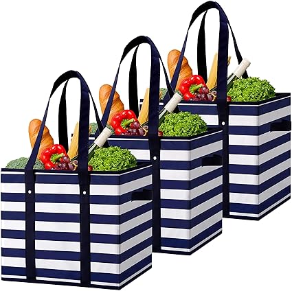 Amazon Co Jp Wiselife 再利用可能な食料品バッグ ボックス ストレージバスケット 3パック 防水 耐久性 ショッピングバッグ ボックス 折りたたみ式ユーティリティトートバッグ 長いハンドル付き 服 ファッション小物