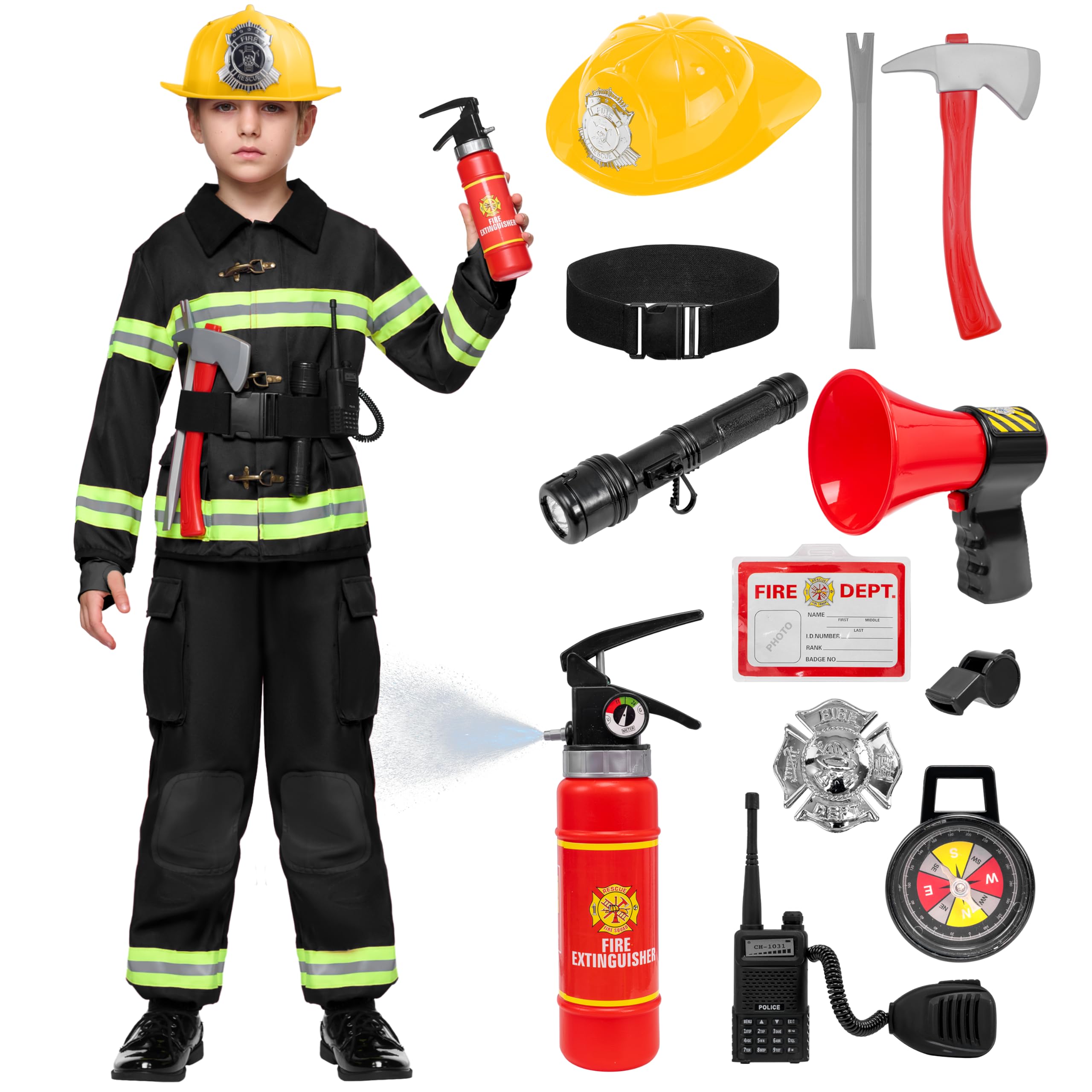 Spooktacular Creations Halloween 14PCS Firefighter Costume for Kids, Boys Fireman Costume with Toys Set for Toddler RolePlay
