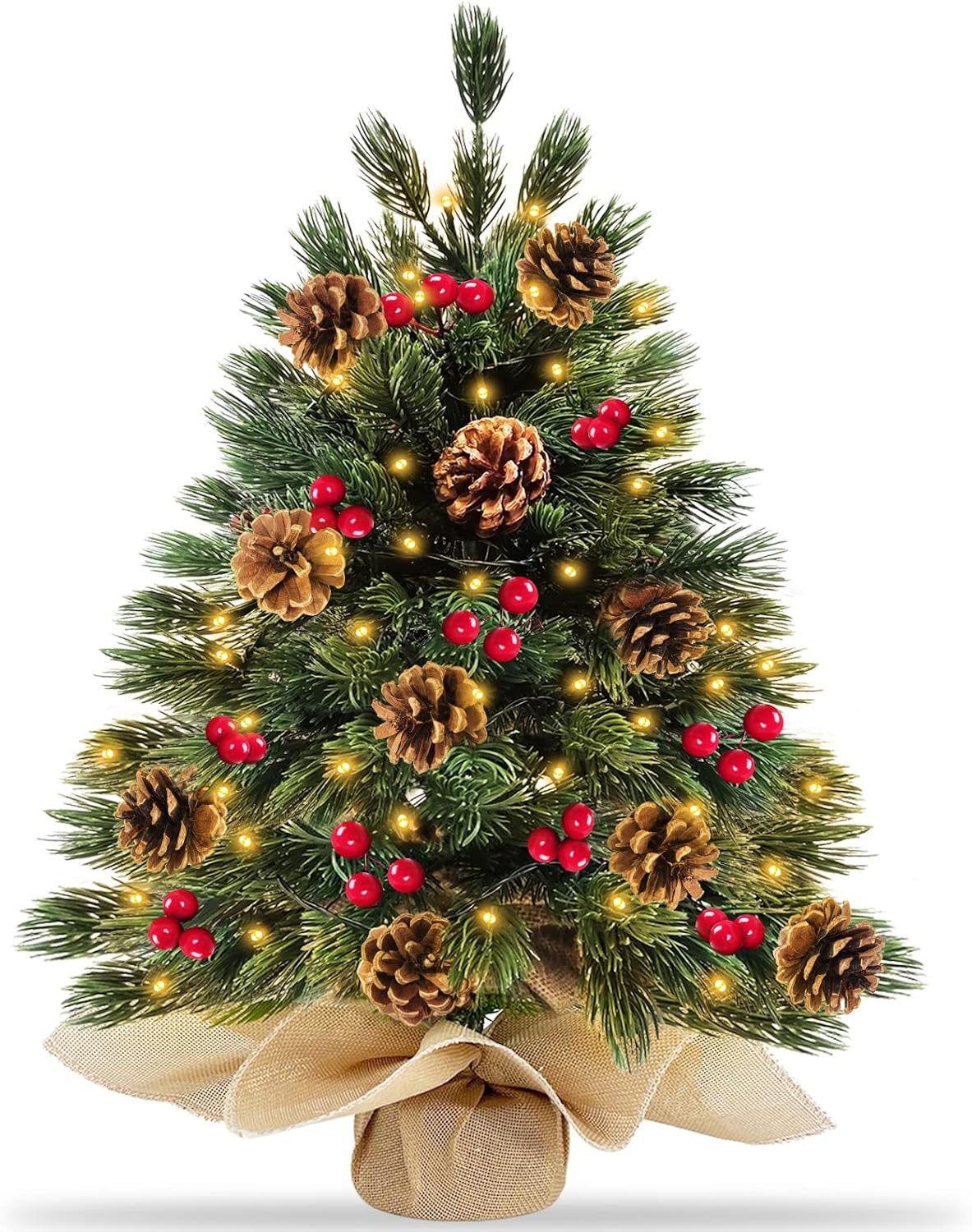 Trees - 24 Inch 50 LED Thick Tabletop Prelit Christmas Tree Realistic Feel with Lights Timer Battery Powered 10 Pine Cone 30 Red Berries Artificial Xmas Spruce Tree Christmas Decorations Indoor Home Party