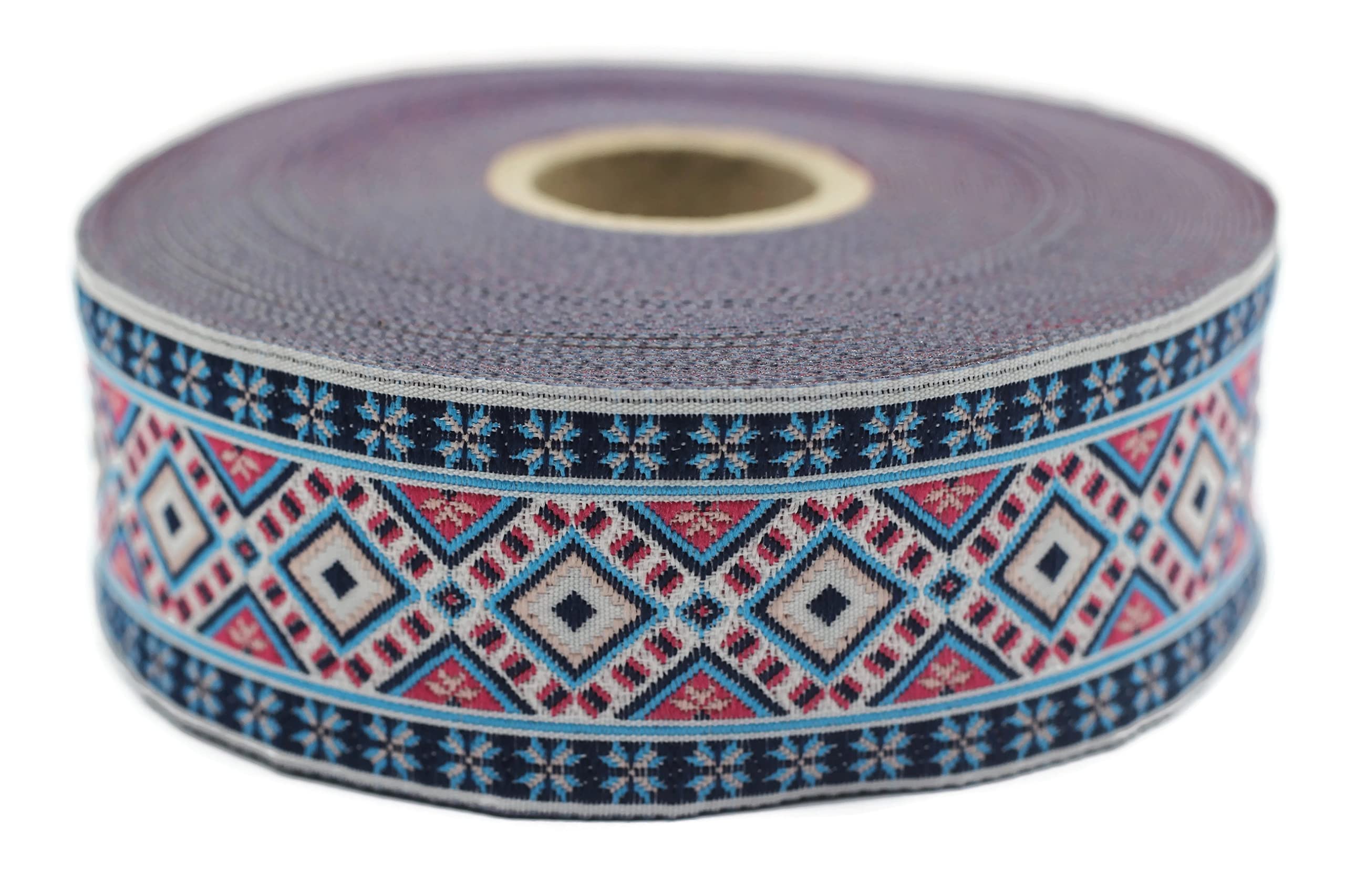 Photo 1 of 11 Yard Spool 1.37" Blue Pink Ethnic Geometric Jacquard Ribbon Woven Trim Embroidery Tape for Home Decor Clothing and Costume Design 35996