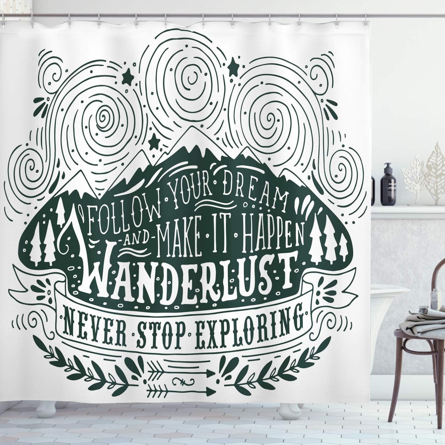 Ambesonne Adventure Shower Curtain, Journey and Exploration Themed Follow Your Dream Words Wanderlust Abstract, Cloth Fabric Bathroom Decor Set with Hooks, 70" Long, Dark Green