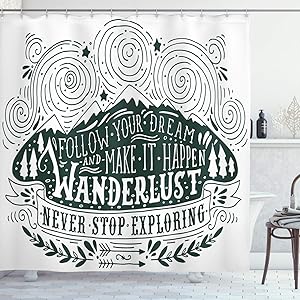 Ambesonne Adventure Shower Curtain, Journey and Exploration Themed Follow Your Dream Words Wanderlust Abstract, Cloth Fabric Bathroom Decor Set with Hooks, 70" Long, Dark Green