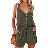 PRETTYGARDEN Women's Summer Casual Shorts Jumpsuit Plain Scoop Neck Button Down Sleeveless Tank Top Rompers With Pockets