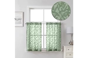 Lecloud Leia 36 Inch Sheer Curtains Sage Green Tiers for Kitchen 2 Pieces, Double Rod Pockets Window Living Room Curtain for Small Window, Jacquard Leaves Voile Bathroom/Bedroom Drapes, 38x36 Inches