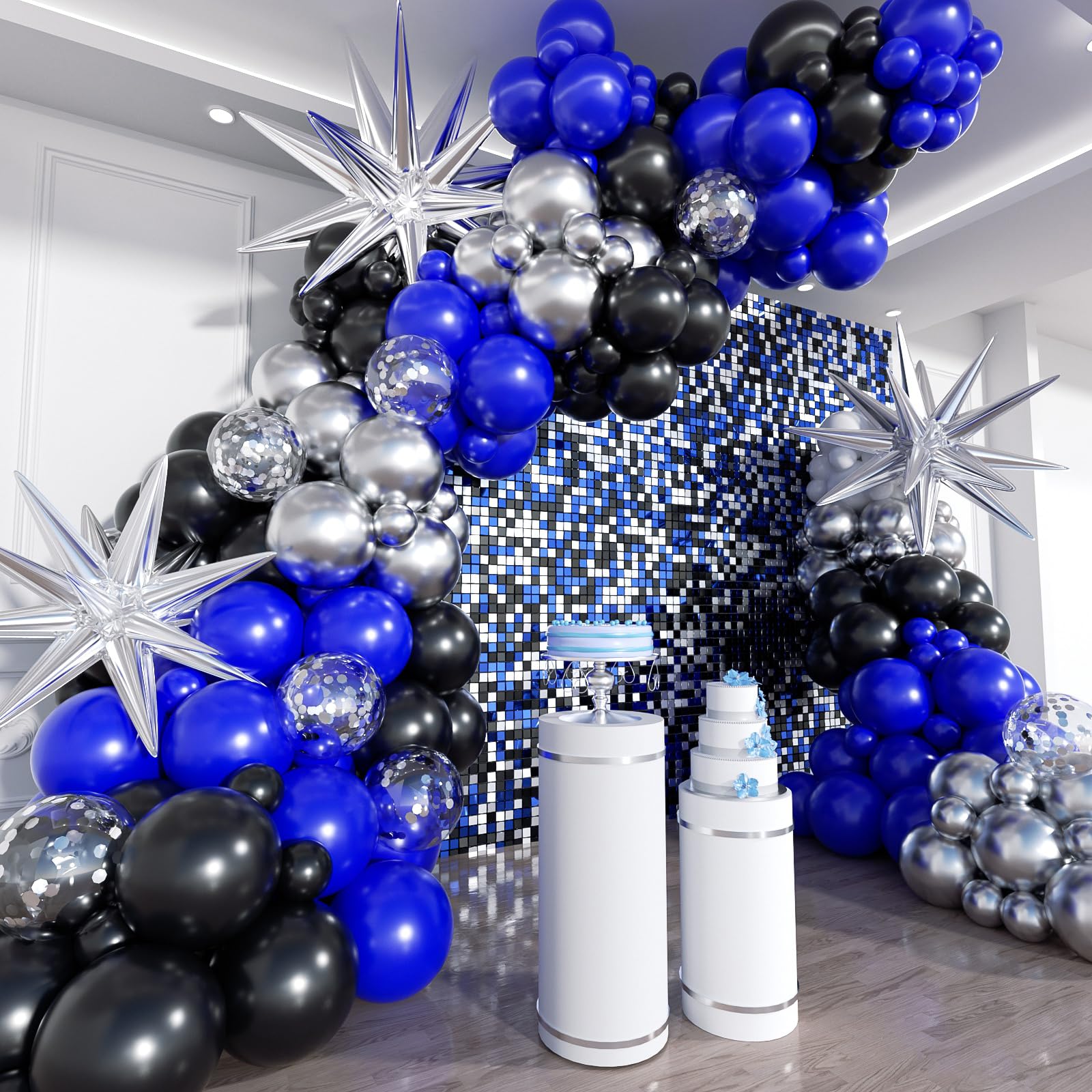Photo 1 of ADOINBY Blue and Black Balloon Arch Kit, 201Pcs Explosion Star Royal Blue Metallic Sliver Black Balloon Garland kit, Different Size Balloons for Anniversary Birthday Graduation Prom Party Decorations