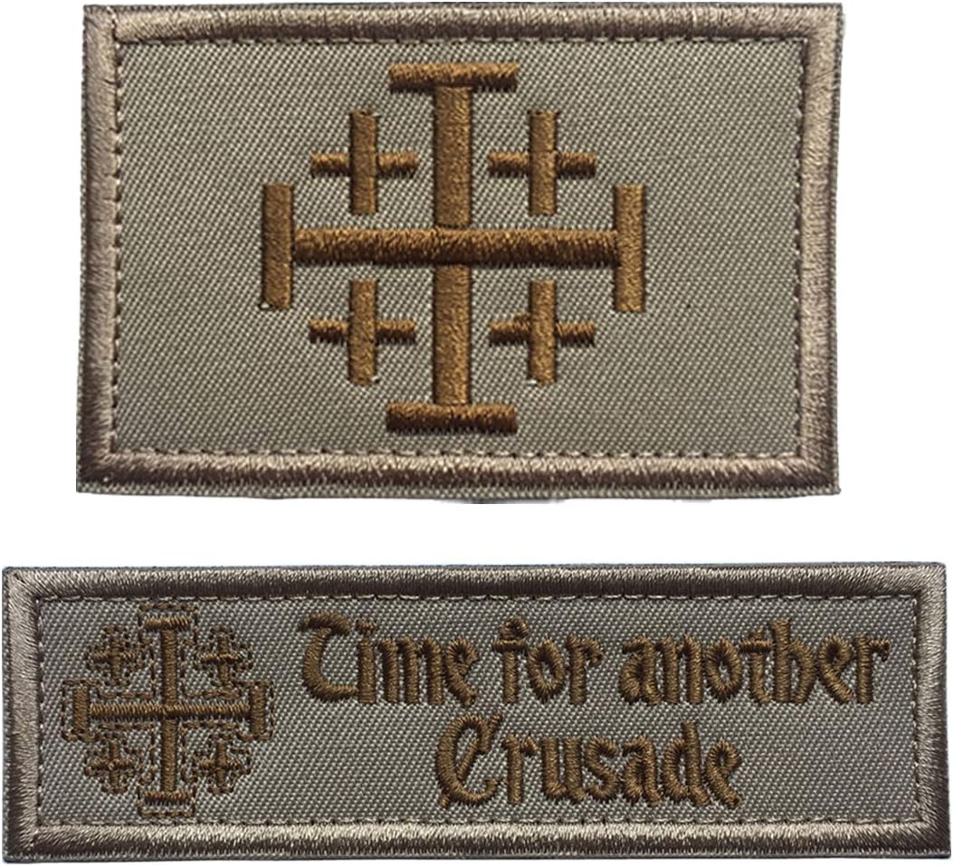 SpaceAuto Bundle 2 Pieces Jerusalem Cross Crusader 3.15" x 1.97" and Time for another Crusade Tactical Morale Patch 3.94" x 1.18" Khaki & Golden