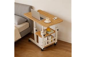 Walnut 31.5×15.7Inch Height Adjustable c Table with Wheels, Mobile Laptop Desk, c Shaped End Table with Storage Drawer, Rolli