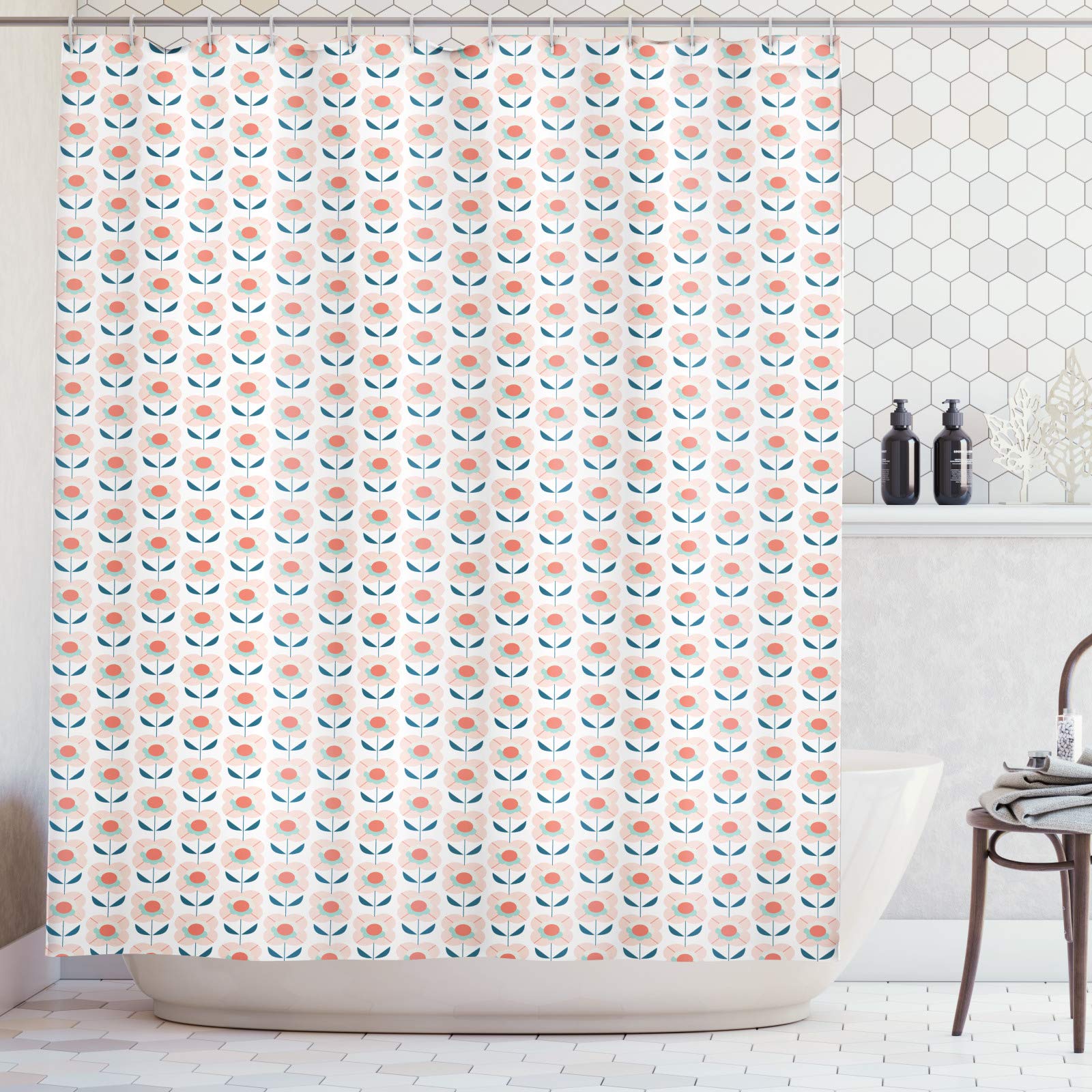 ABAKUHAUS 1970s Shower Curtain, Pastel Colored Flowers in Retro Scandinavian Style Spring Blossom in Pale Pink Tones, Cloth Fabric Bathroom Decor Set with Hooks, 70" Inches, Orange peach