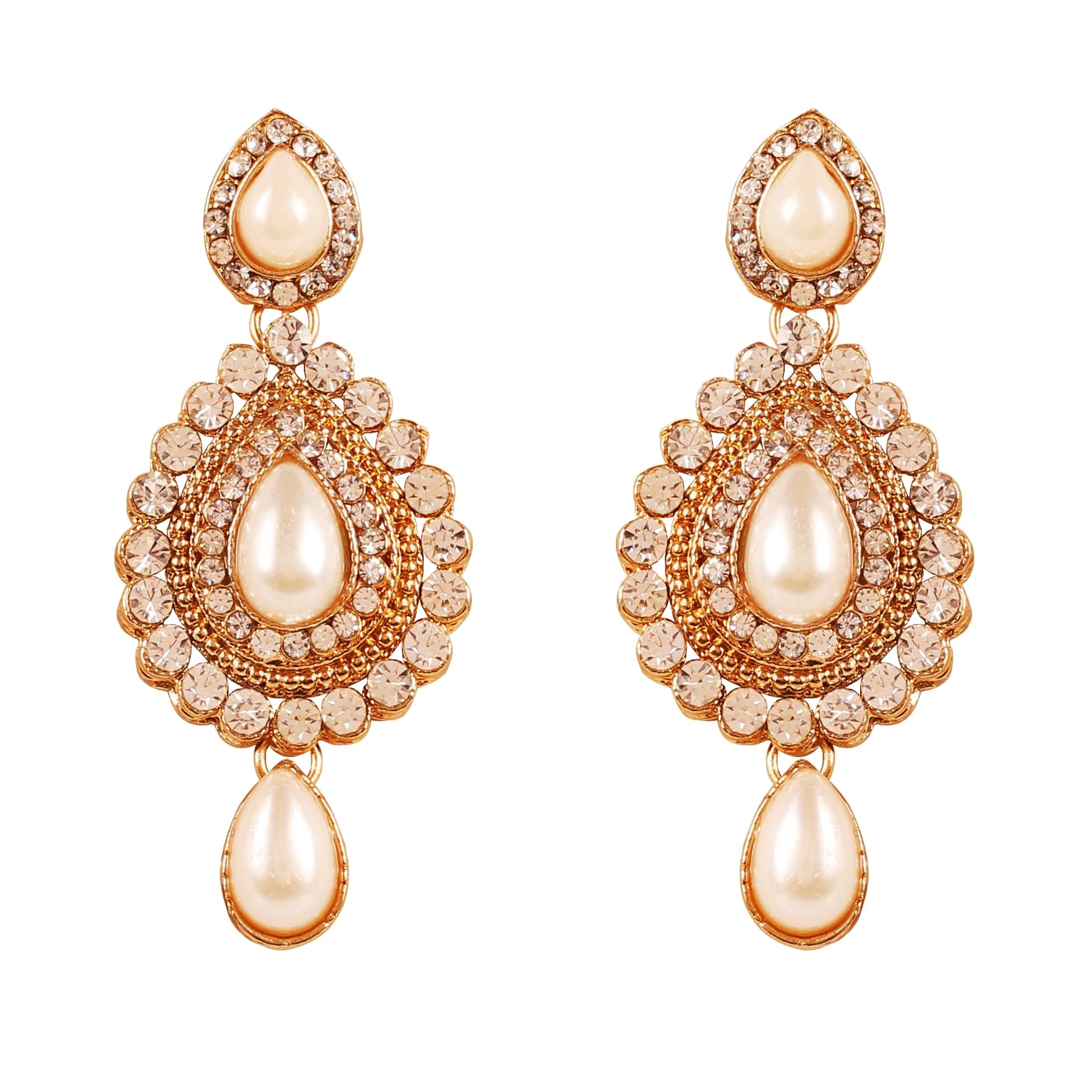 NEW! Touchstone Indian Bollywood Desire Contemporary Studded Diamond Look White Rhinestone Faux Pearls Designer Jewelry Chandelier Earrings In Antique Gold Tone For Women