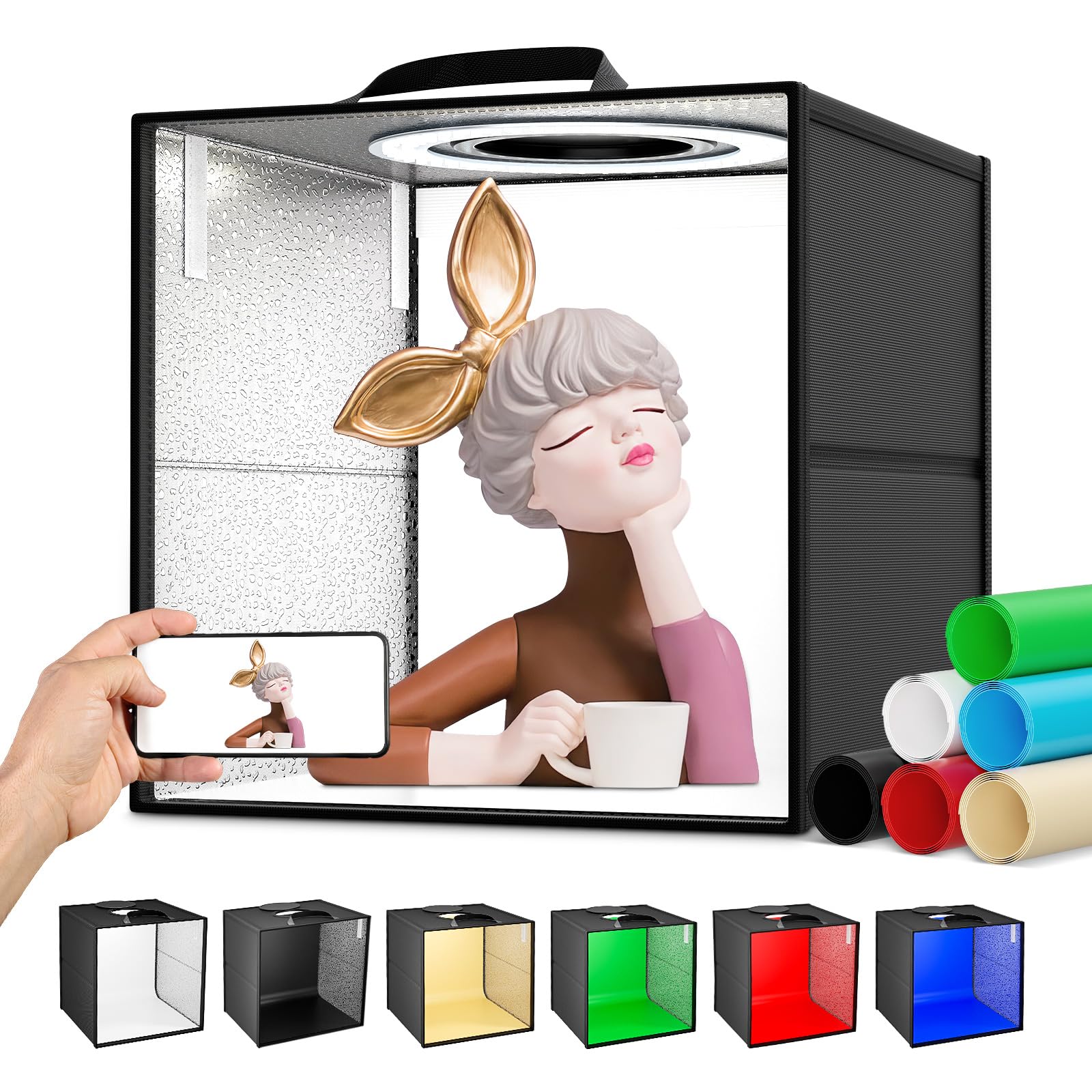 VAYOTOY Photo Studio Light Box, Photo Shooting Tent kit, Portable Folding Photography Light Tent kit with CRI >95,Dimmable LED Lights, 6 Color Backgrounds for Small Size Products, (40x40x40cm)