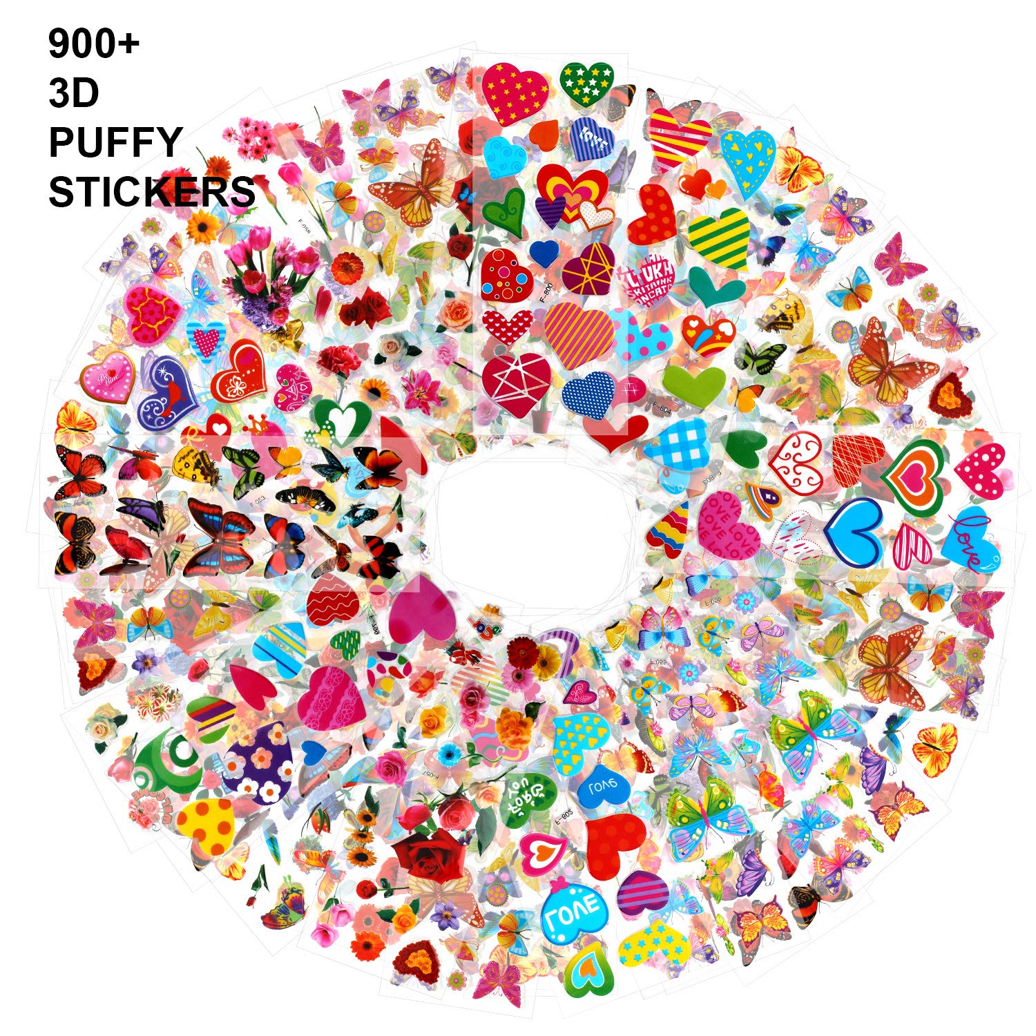 HOWAF 50 Sheets 3D Stickers for Kids Toddlers 900+ Puffy Stickers Children Stickers for Craft Scrapbooking Rewarding Gifts Kids Party Bag Fillers, Flower Butterfly Heart and More