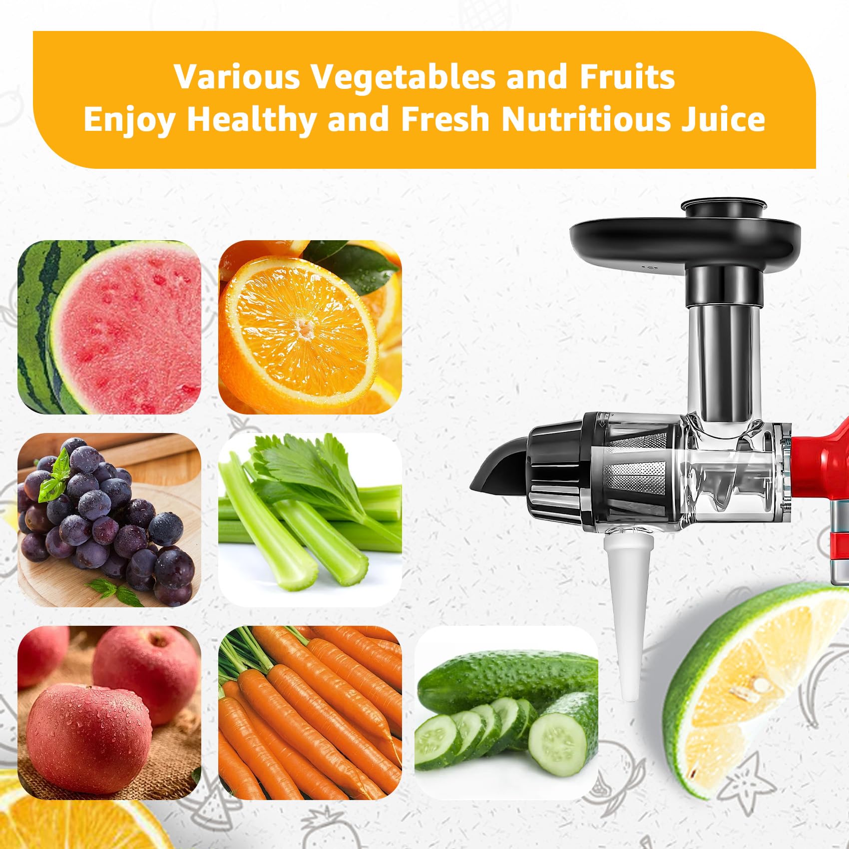 Juicer Attachment for KitchenAid Mixers - Masticating Juicer Accessories Slow Juicer for Kitchen Aid All Models Stand Mixers, Spiralizer Citrus Juicer Parts, Separate Juice and Pomace (Black)