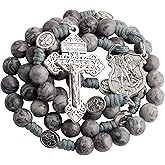 HanlinCC 10mm Natural Stone Beads Handmade Saint Michael Paracord Rosary Necklace with Religious Pouch