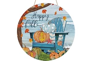 YINENA Happy Fall Sea Ocean Chair Door Sign Beach Pumpkin Maple Leaf Wood Door Hanger for Outdoor Outside Porch Seasonal Fall Autumn Farmhouse Wooden Indoor Wall Hanging Decoration